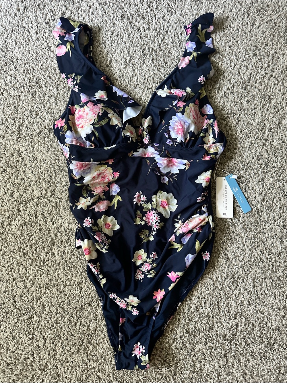 Cupshe Navy Floral Ruffle One-Piece Swimsuit
